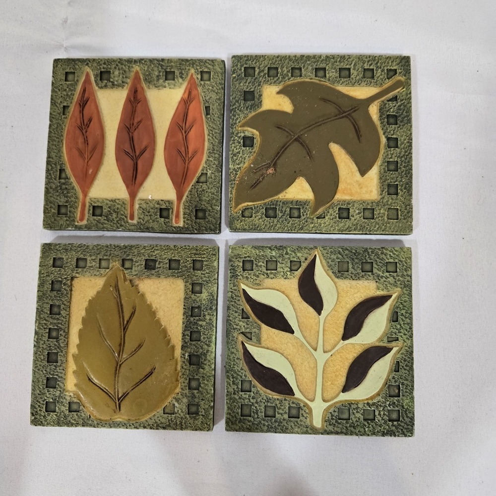 Set of 4 Botanical Leaf Drink Coasters Heavy Resin Stone Composite 4"